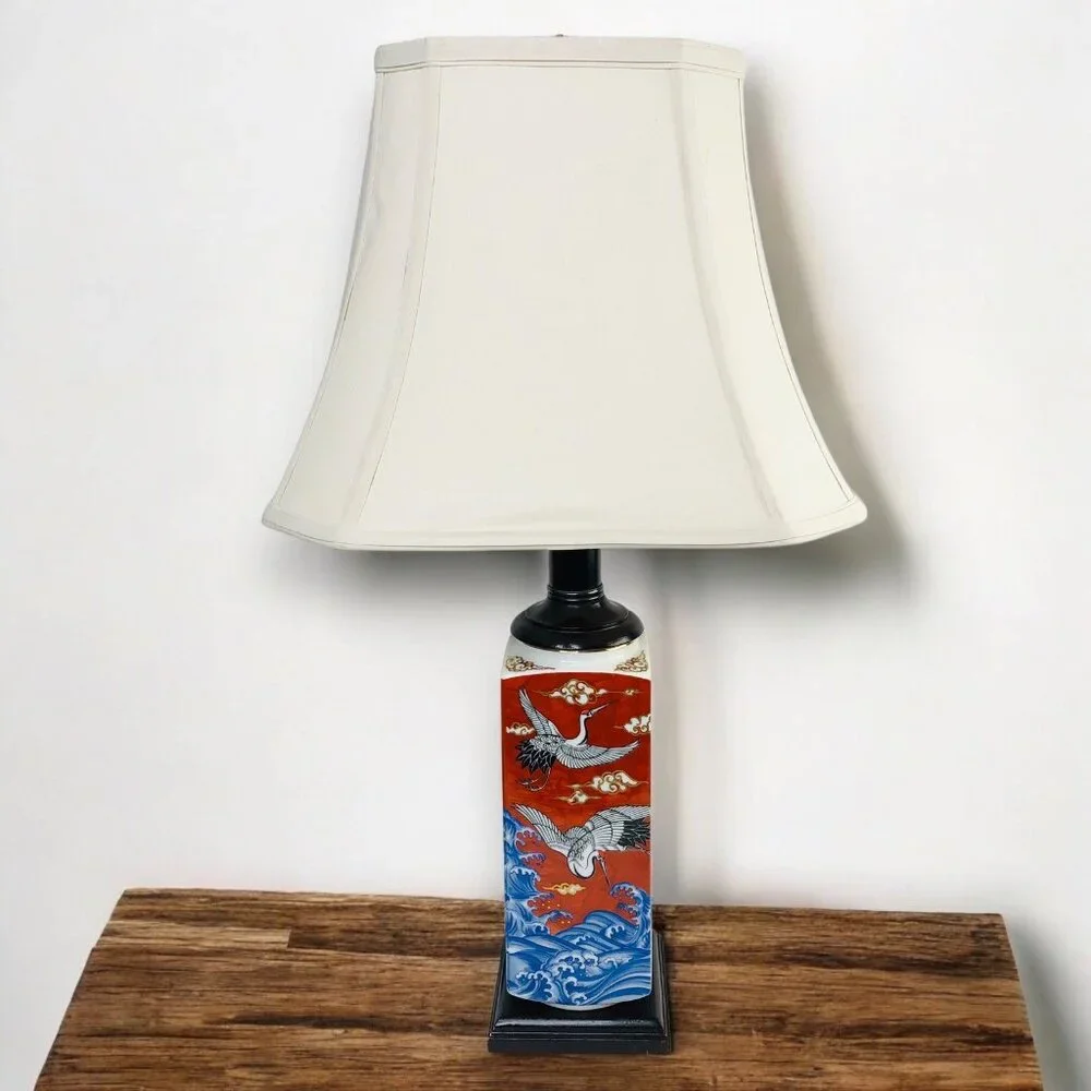 Chinese Square Orange Red Porcelain Lamp Shade Birds Sea Cloud Gold Hand painted